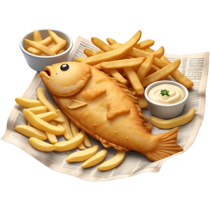 Fish and Chips Cinematic Realistic Fish and Chips Dish Emoji, depicted as a crispy battered fish fillet and golden chips served in traditional newspaper wrapping, rendered with lifelike textures and warm natural lighting that captures its iconic British street food charm  . emoji