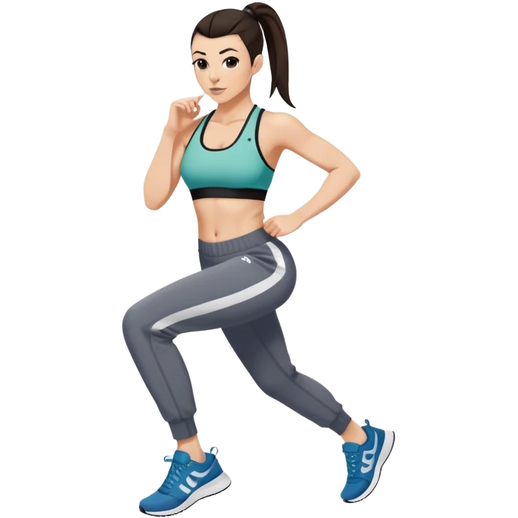 Melanie chisholm with a dark brown high ponytail, wearing a sports bra and track pants with sneakers emoji