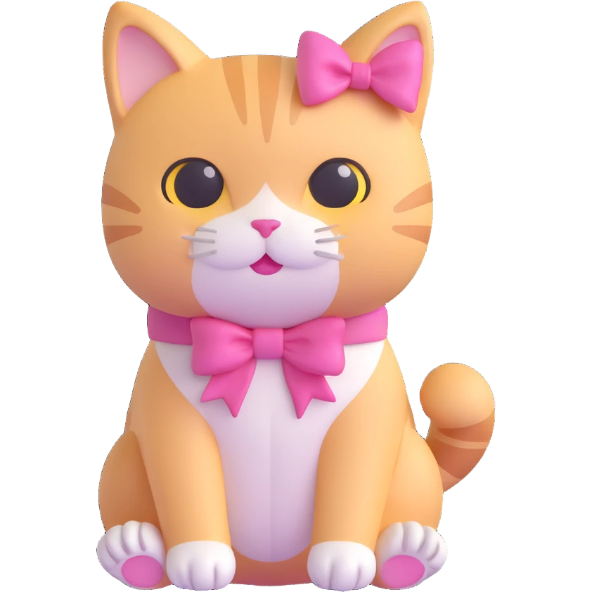 A cute cat with a pink bow, kawaii style, iOS emoji-like, sitting position emoji
