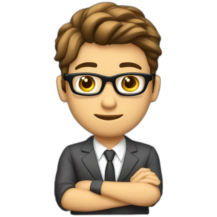 Un joven hermoso moreno claro con lentes traje sentado en un butacon frente a una computadora en  emoji
