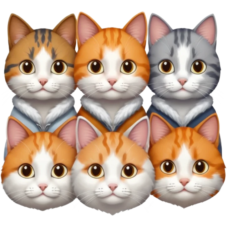 6 cats with different coloured coats, 2 are grey and white, 1 is grey with a little white, 1 calico, 1 brown tabby and white and one ginger and white emoji