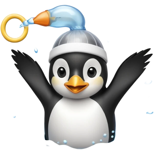 A cheerful penguin swimmer in swim cap, doing a playful backstroke with water rings popping around.
 emoji