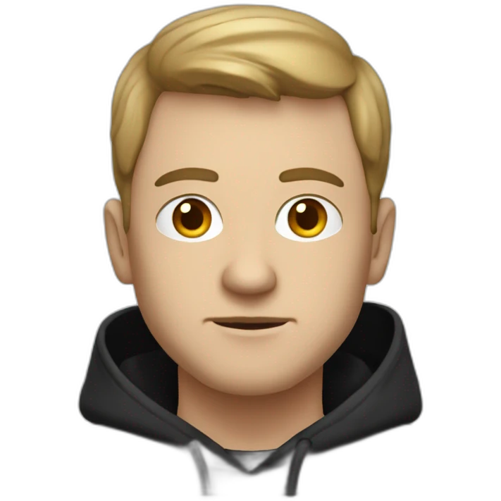 a serious-looking white man wearing a black hoodie facing a laptop screen emoji