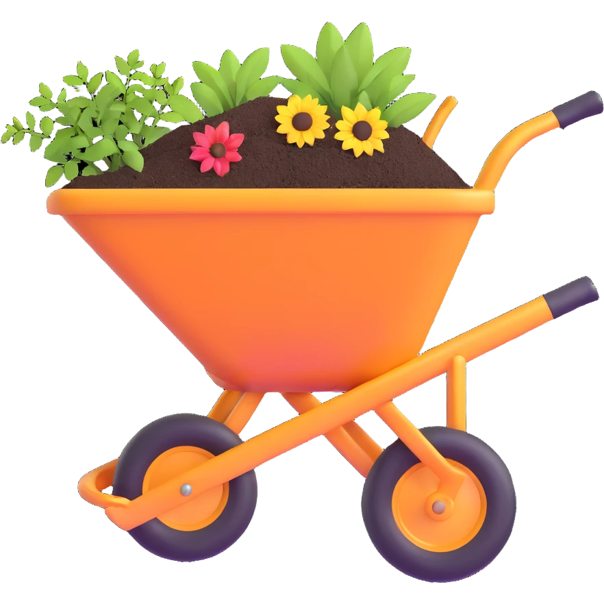 wheelbarrow with soil fertilizer and gardening tools emoji