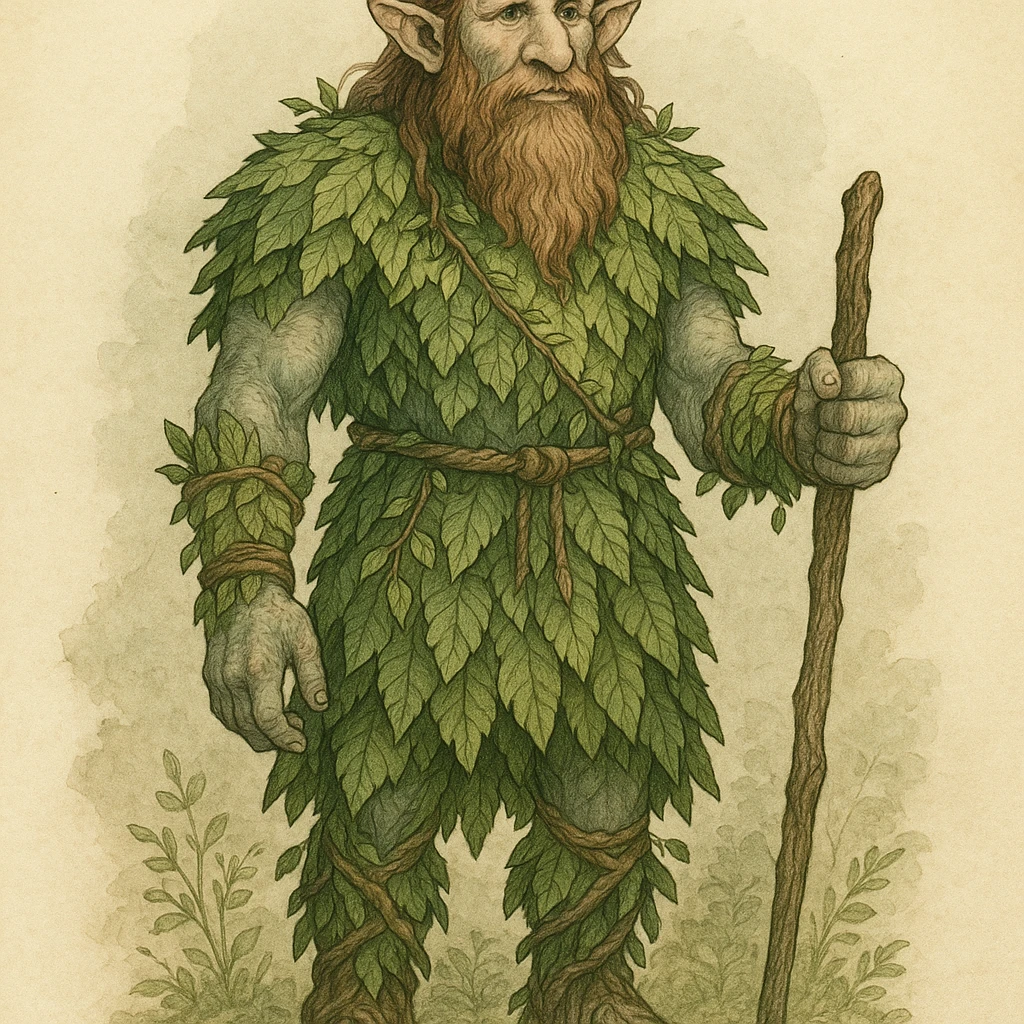 firbolg, tall and kind, with leafy clothing, fantasy illustration, detailed fantasy character emoji