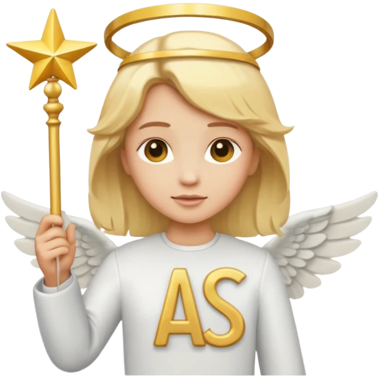 "Um emoji de anjo com cabelos loiros, um halo, asas, segurando um sinal de 'compartilhar' em letras em negrito." emoji