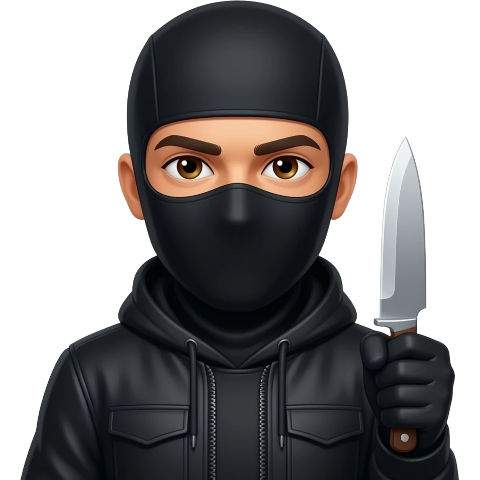 Spanish Man brown eyes wearing all black in balaclava with knife emoji