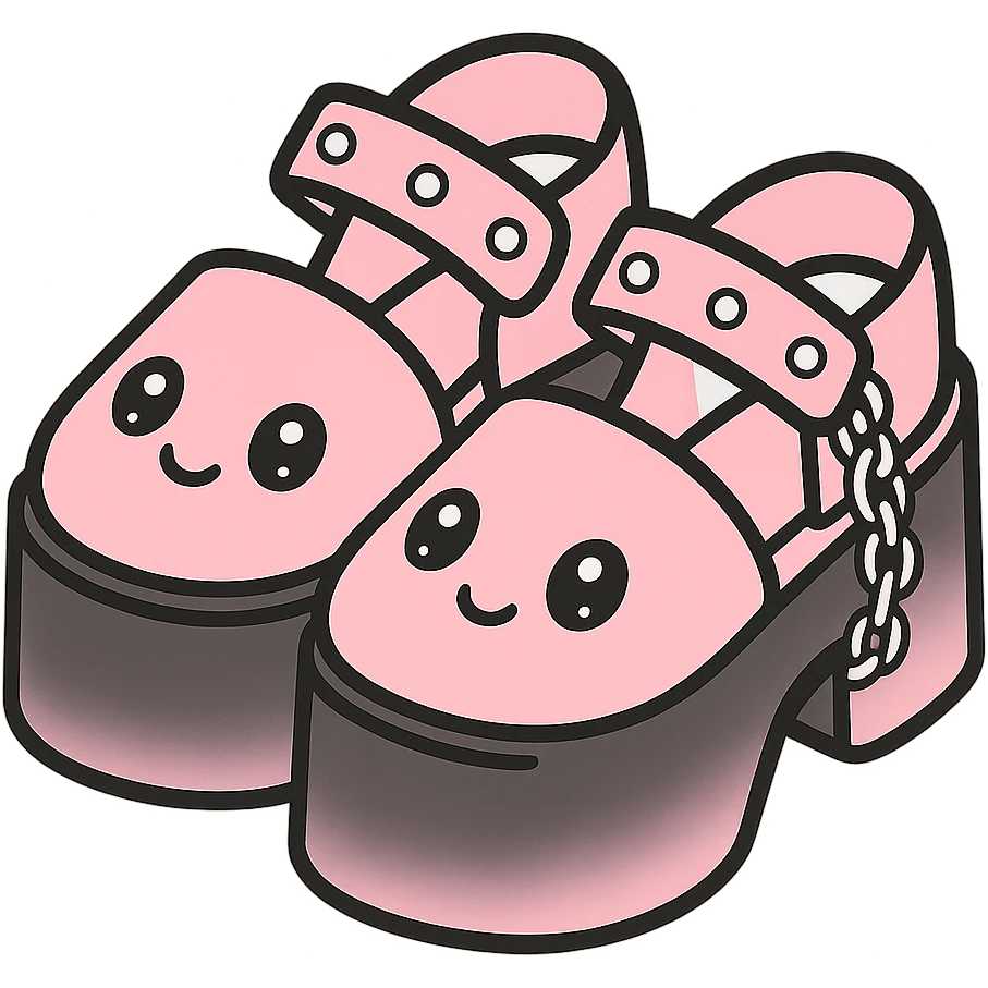 Add a gradient effect from black to pastel pink on the platform sandals with silver studs and chains, kawaii style, no socks, no hearts, transparent background emoji
