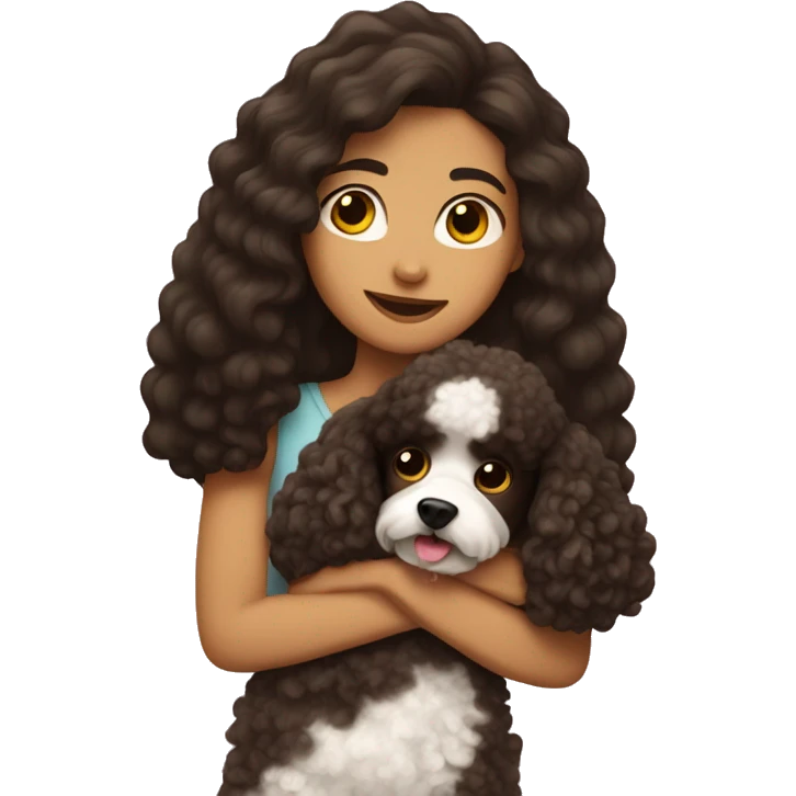 Girl with long dark brown hair hugs a poodle emoji