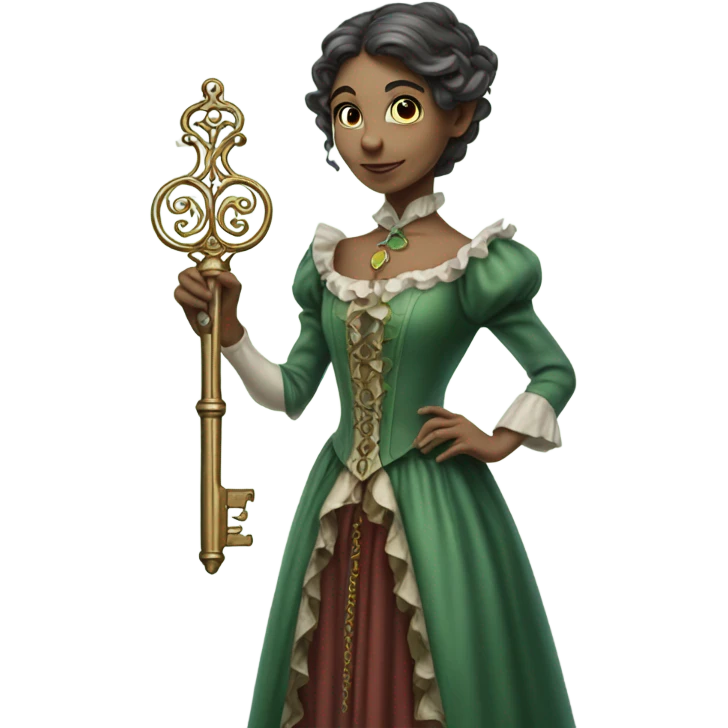 an elf woman login holding a big key in Victorian dress,  full body  emoji