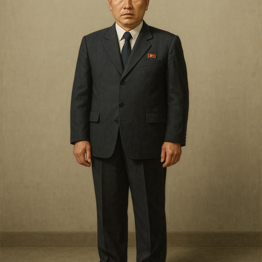 Official portrait of a North Korean man, head of the hull production workshop at a shipyard, serious and formal style, dark suit, neutral background, confident and focused expression, style inspired by Soviet and North Korean official portraits, full body, not cropped, head not cut off, head and feet fully in frame, variation 1 emoji