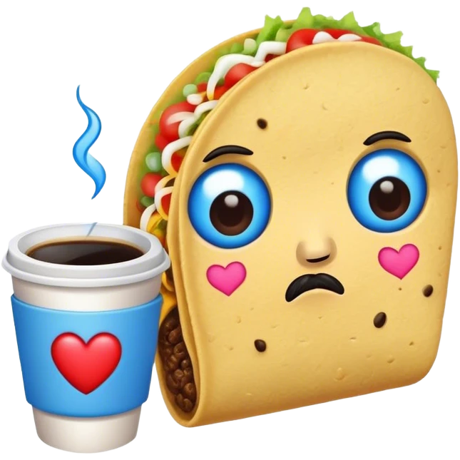 a taco with blue heart and sad face holding an coff emoji