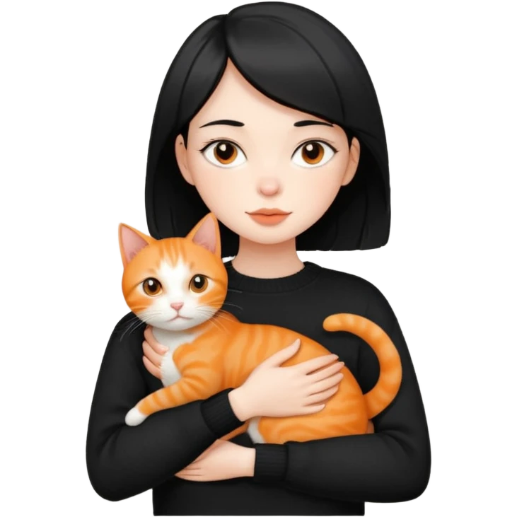 A beautiful girl with short black hair in a black sweater holds a orange cat in her arms emoji