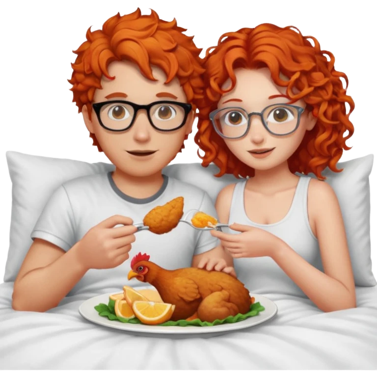 A guy with curly orange hair, feeding chicken tenders to a girl with red hair and glasses in bed emoji