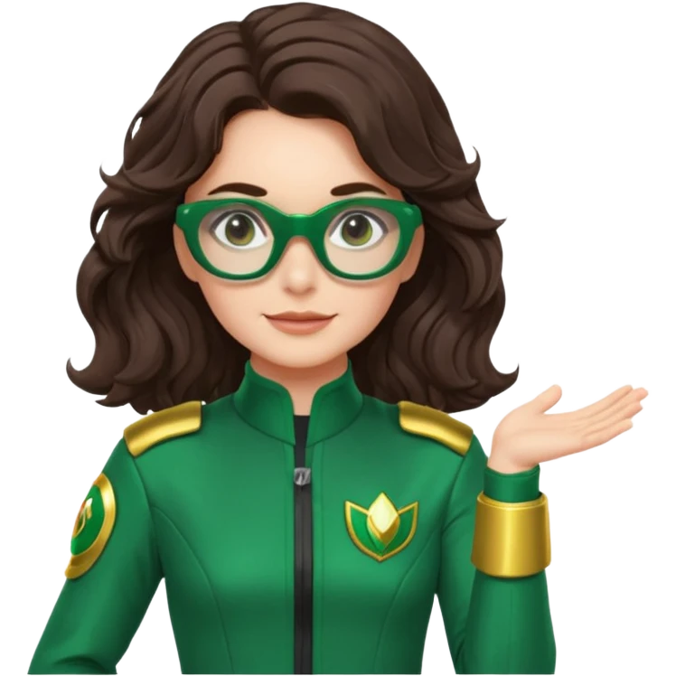 green power ranger, white Australian female with fair skin, dark long brown wavy hair with side parting, glasses, thinking pose, gentle smile emoji