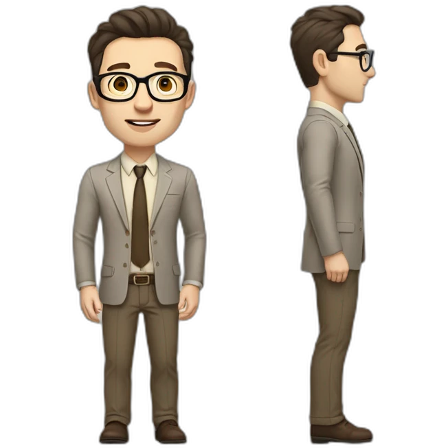 Full height Pale skinned fit man with dark brown hair in gray jacket, beige office shirt, brown tie, brown pants and vintage glasses. His right hand stretched out emoji