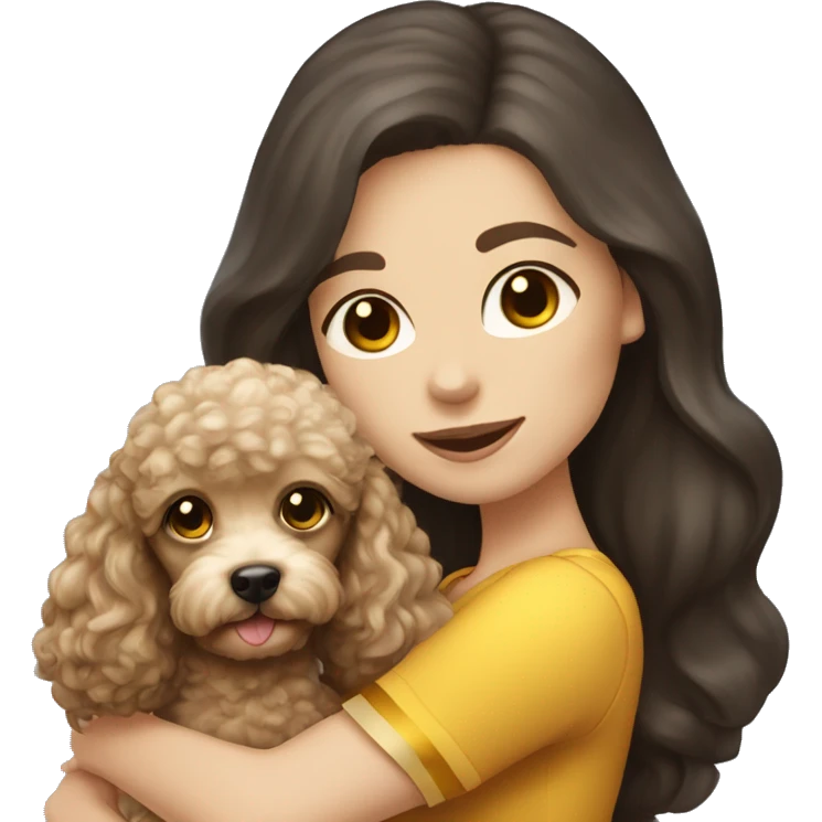white girl with long dark hair, with blue eyes and holding a golden toy poodle  emoji