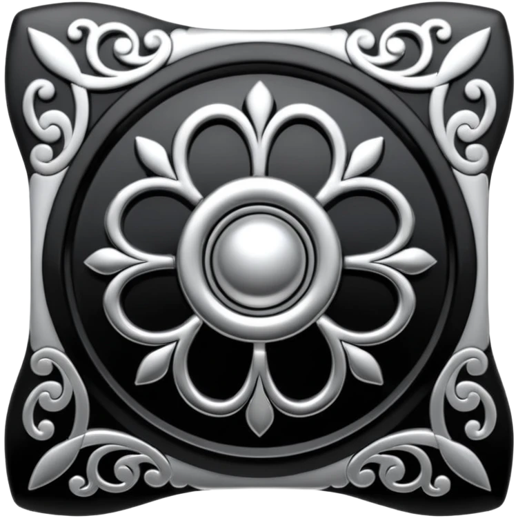 Black and silver filigree square button, 3D, extremely detailed design emoji