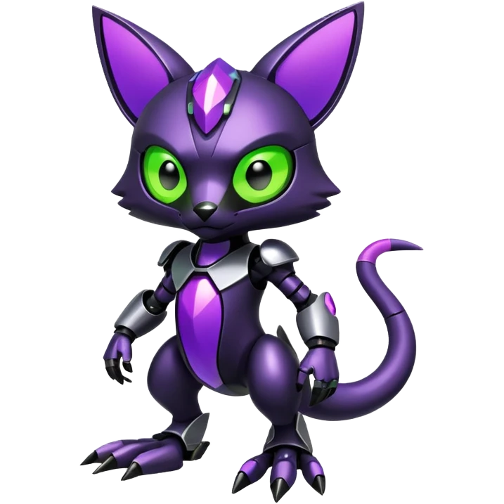 Futuristic modern mechanical badass cool shiny metallic alloy black-obsidian purple neon-green white lime animal hybrid Fakemon full body emoji
