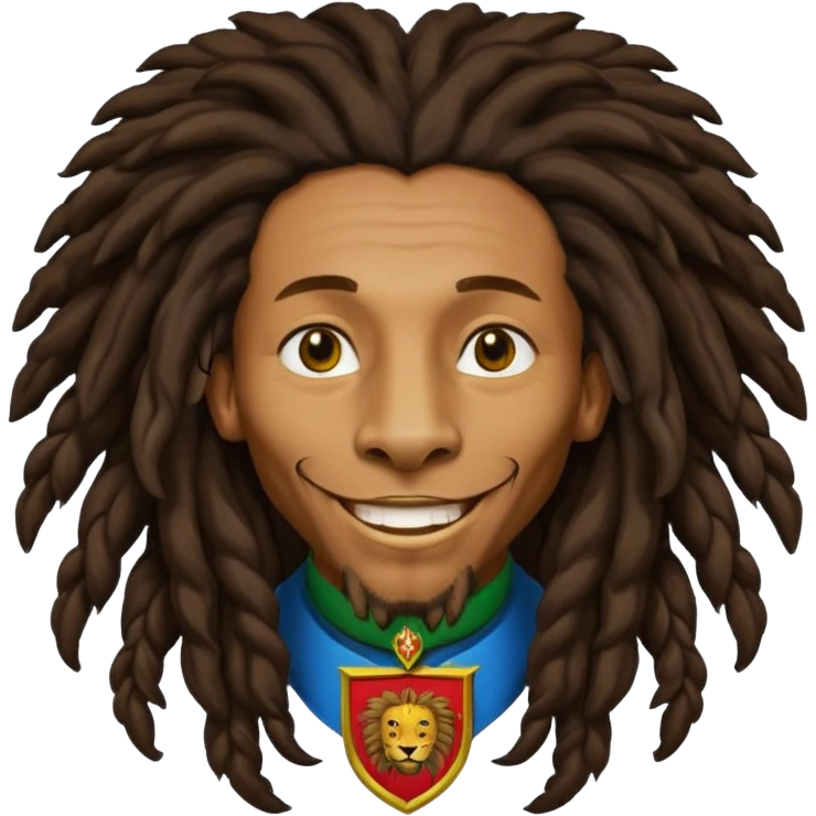 very realistic Bob Marley with gigantic dread locks in form heraldic crest with ethiopian lion emoji