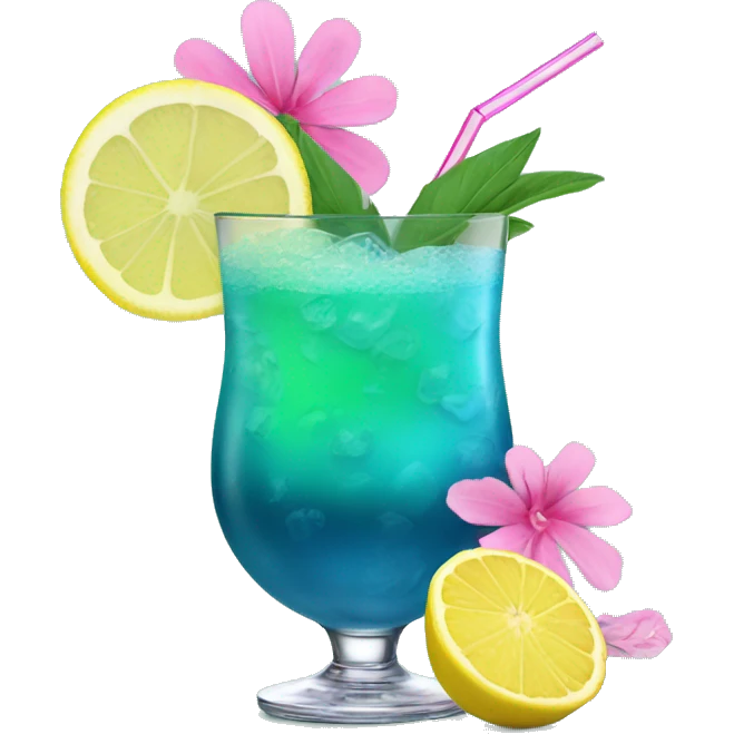 Blue/green cocktail with pink flowers and lemon and straw emoji