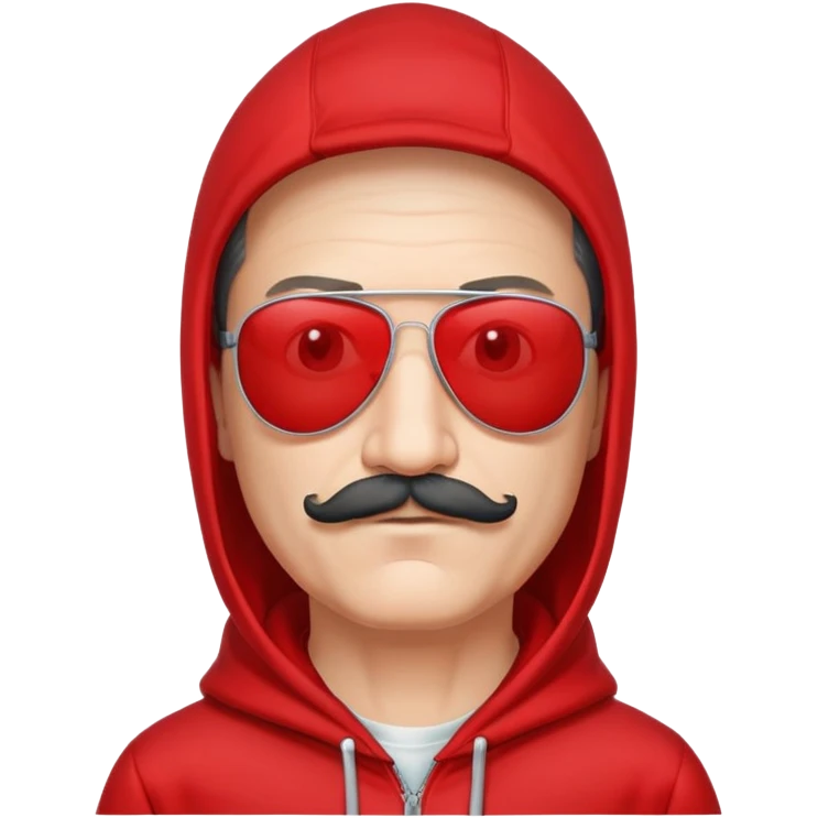 50-year-old man with a thin mustache, black aviator sunglasses, wearing a red hoodie with hood up emoji