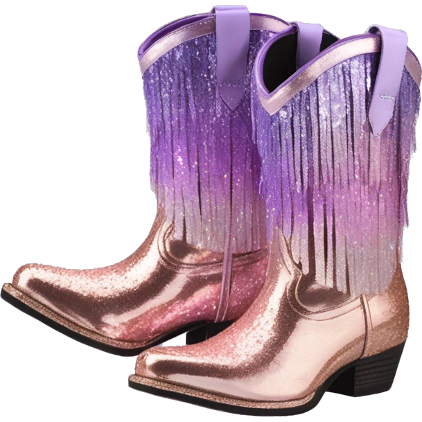 Realistic rose gold and lavender ombre pair of fashion cowgirl boots with sparkly shiny glitter fringe on them. emoji