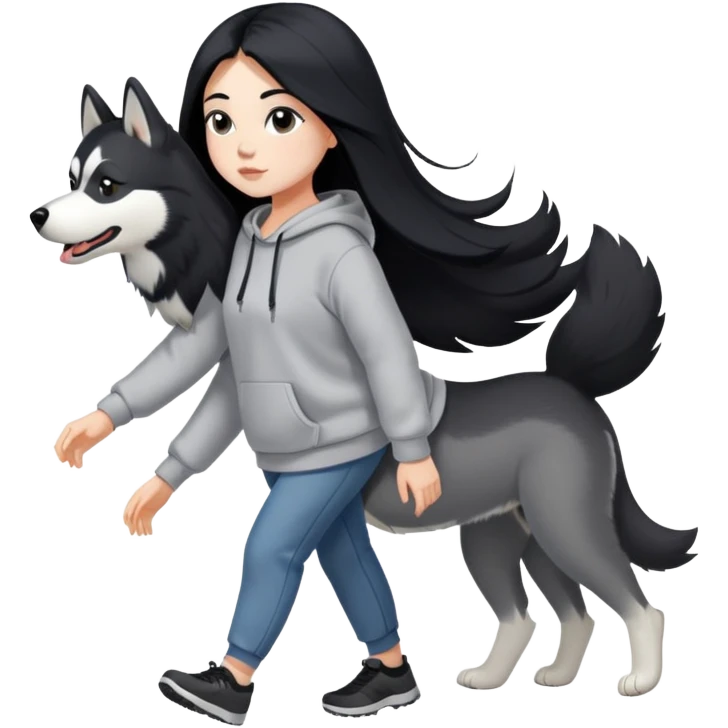 A girl with long black hair wearing a sweatshirt walks a black and white husky emoji