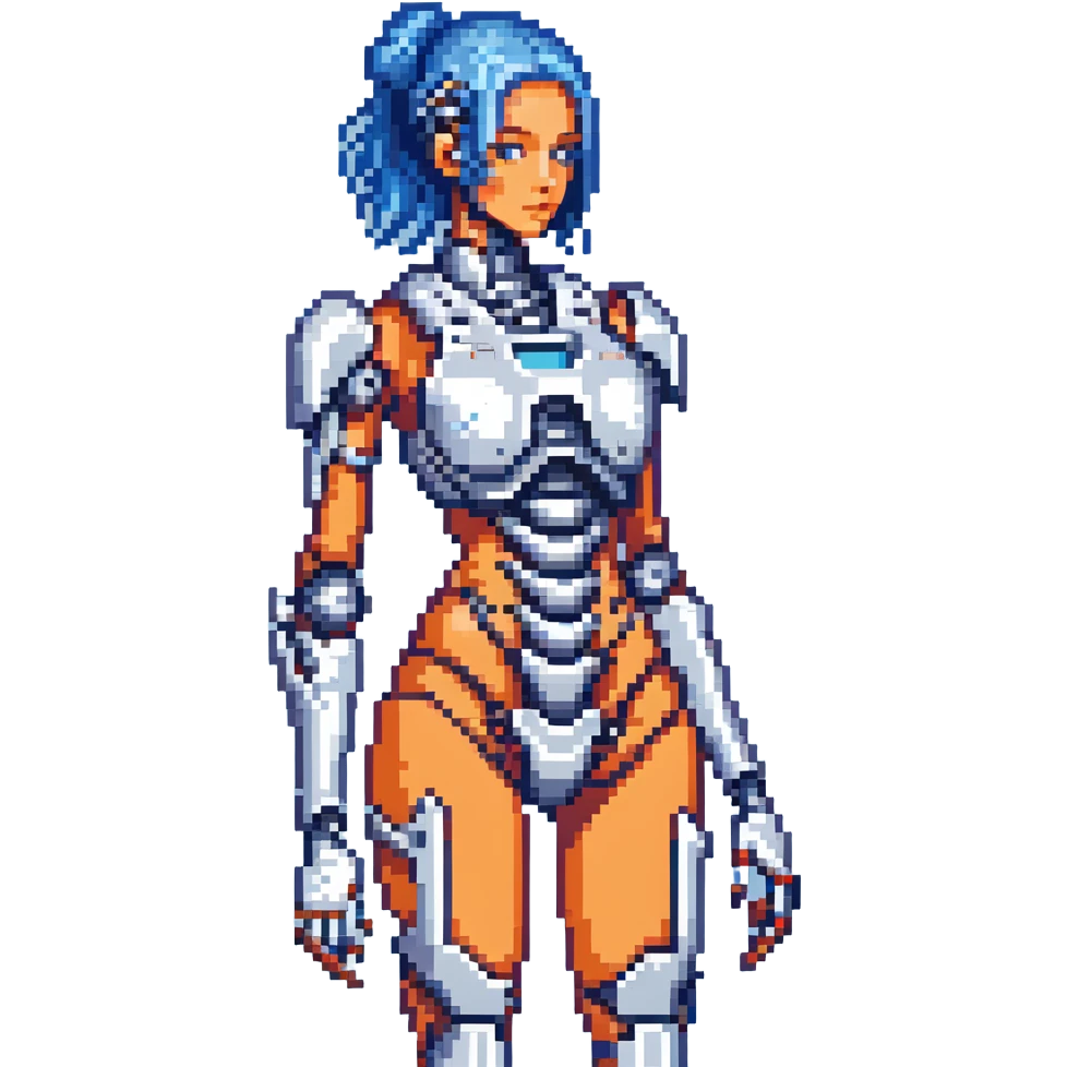 futuristic cyborg girl with robotic limbs in blue and silver palette emoji