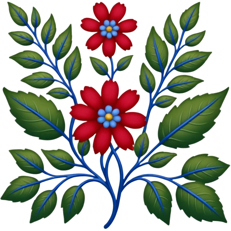 dull green leaves & red & blue flowers filigree design, extremely detailed, complex design emoji