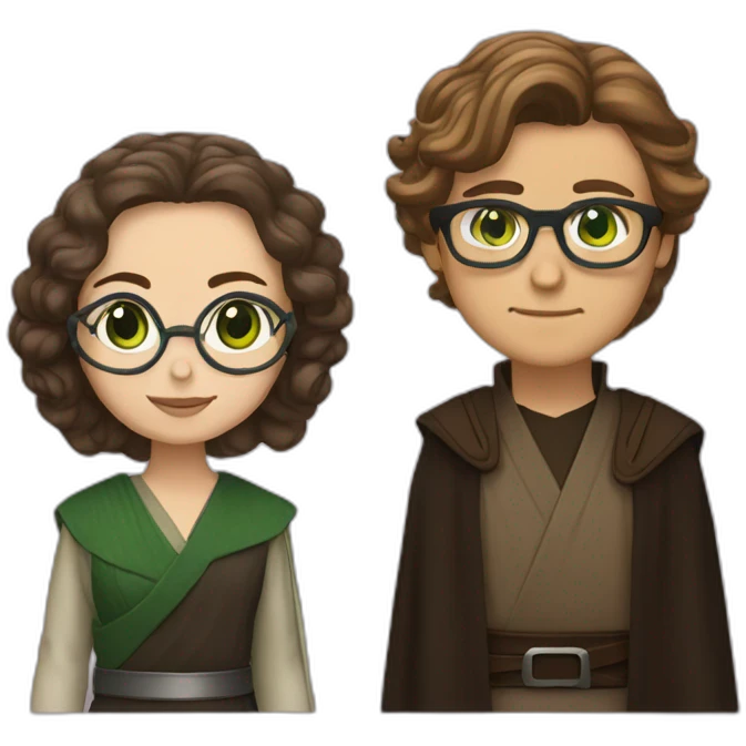 anakin with glasses and padme with green eyes, wavy hair emoji