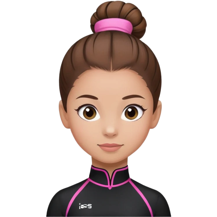 A female gymnast with brown hair in a neat bun, wearing a black uniform with pink elements. emoji