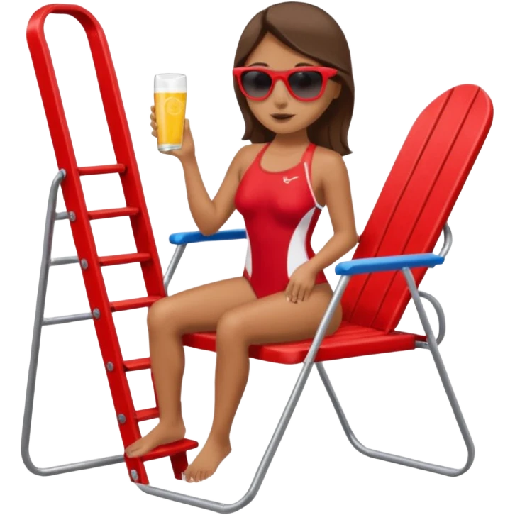 Female lifeguard – red swimsuit, sunglasses, sitting on tall lifeguard chair. emoji