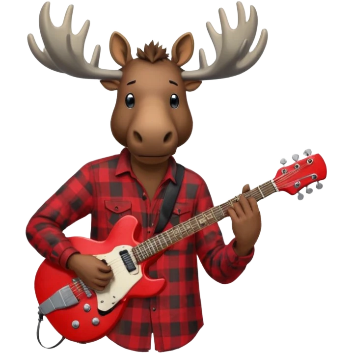  A man with the head of a moose playing a red electric guitar in Alaska. Give him a dark vibe and an attitude emoji