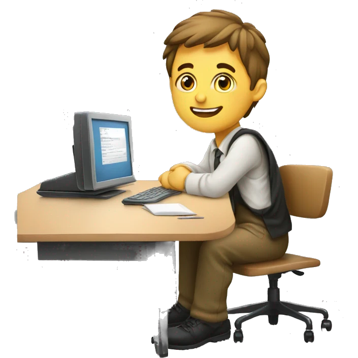 European schoolboy sitting at desk,  computer on desk emoji