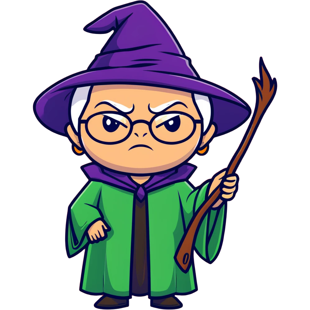 Upset Professor McGonagall with glasses, witch hat, green robes, looking stern and disapproving emoji
