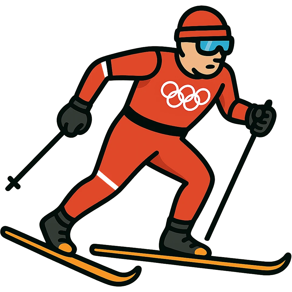 Keep the skier in red clothes, add glasses similar to the second skier in the reference, and make the skis a little longer. Maintain vector style with shadows, highlights, and clean outlines. Transparent background. emoji