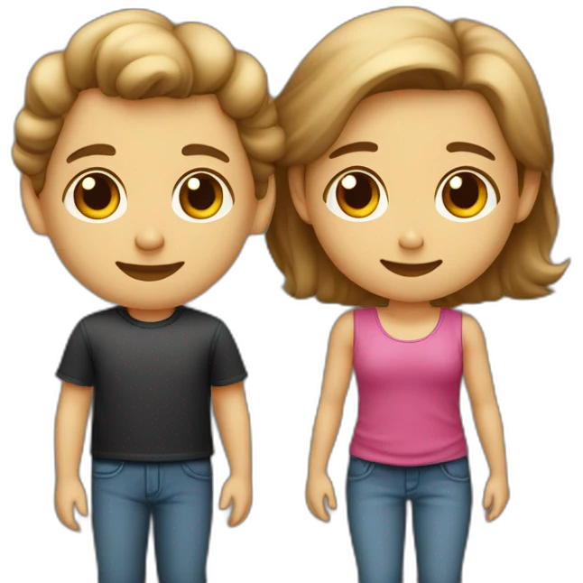 Gemelos Niño y niña de 8 años, el niño pelo castaño claro y la niña pelo castaño oscuro rizado emoji