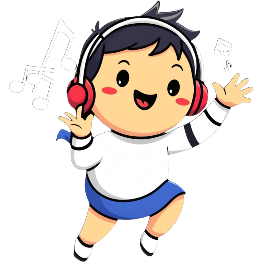 Ruko Yokune in singing pose with musical notes, colorful cartoonish sticker style emoji
