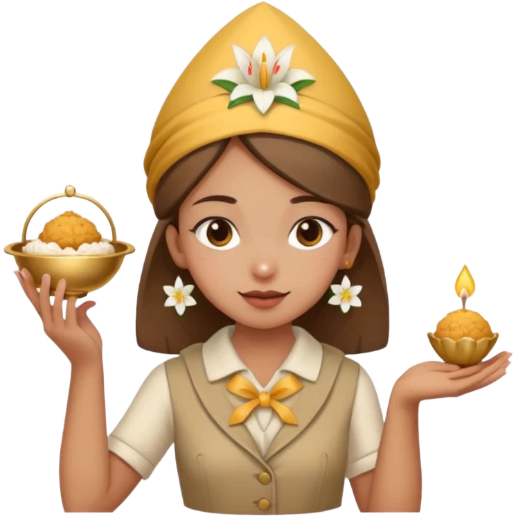 create an image similar to an emoji of a pinni / laddoo as an assamese girl navigating using a compass. She also has a lily on her head. Do not make her very human emoji