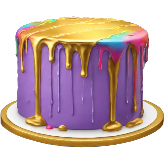 Realistic isolated colorful cake with metallic gold icing dripping from top and all down along the cake emoji