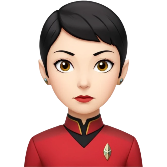 female Vulcan with short black hair and small pointy ears in Starfleet red uniform (Star Trek) no green face emoji
