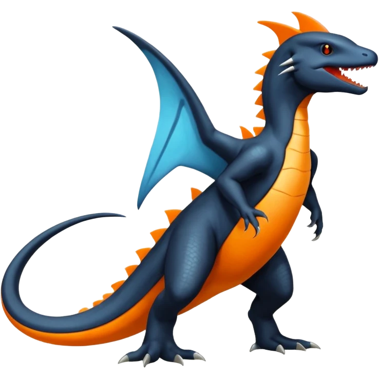 Shiny Black Koraidon-Latios-Salandit-Fakémon-hybrid-creature (full body) with orange belly emoji