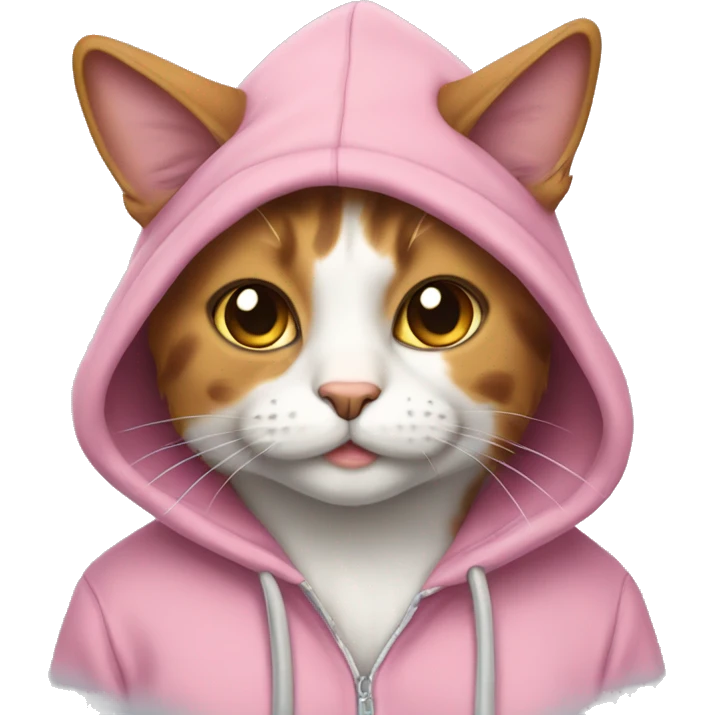 calico cat wearing a pink hoodie emoji
