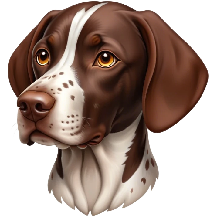Cinematic German Pointer Portrait Emoji, Elegant and alert, sleek brown and white tones, Simplified yet sharp features, highly detailed, glowing with a warm, confident glow, high shine, intelligent and poised, stylized with an air of grace, focused and attentive, soft glowing outline, capturing the essence of agility and loyalty, so lifelike it feels as though it could spring into motion at any moment! emoji