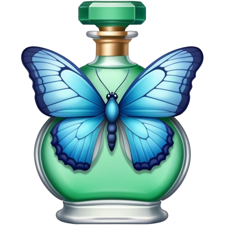 A single delicate blue butterfly resting on the edge of a lace-trimmed green  perfume bottle.
 emoji