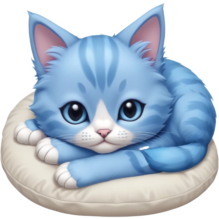 Close-up of a beautiful blue kitten's face with oversized paws resting on a pillow. The bottom of the pillow is cropped, and it's only partially visible. Minimalist design with very few details, focusing on the kitten's cute expression and large paws emoji