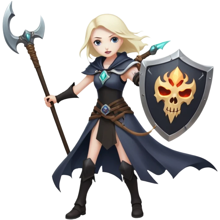 Necromancer girl with scythe and shield, beating a mage emoji