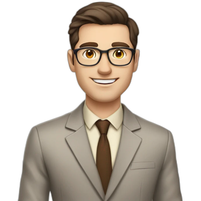 Pale skinned fit man with dark brown hair in gray jacket, beige office shirt, brown tie, brown pants and vintage glasses Writing on the flipchart emoji