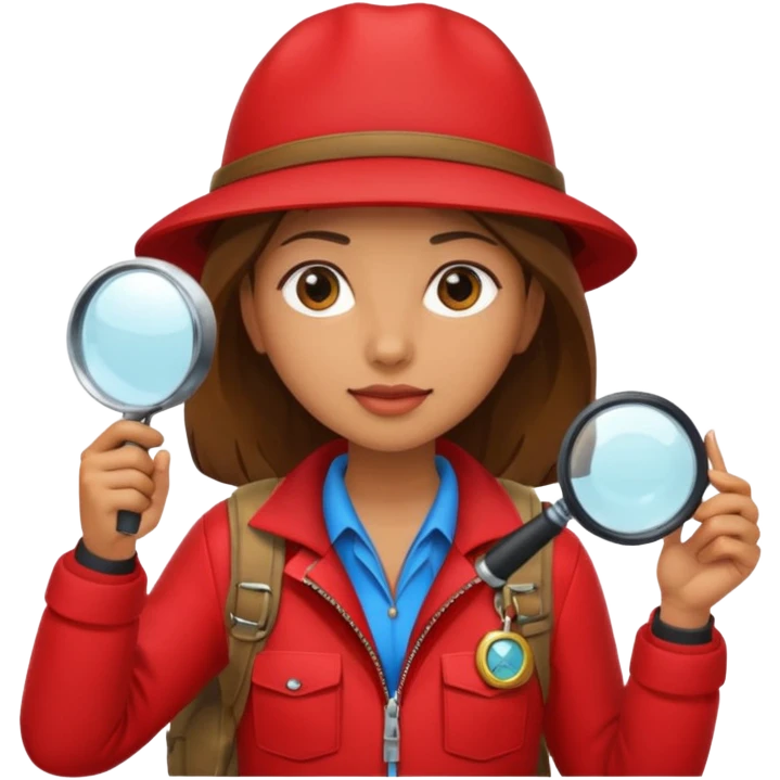 Explorer woman with red jacket backpack and magnifying glass emoji